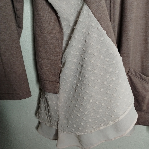 LOGO Lounge Swiss Dot Sheer Trim Tan Open Front Cardigan Women's Size Large - Picture 2 of 5